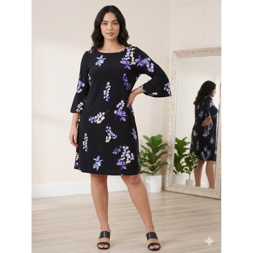 Women's Roz & Ali Black Purple Floral Knit 3/4 Sleeve Boat Neck Shift Dress 16
